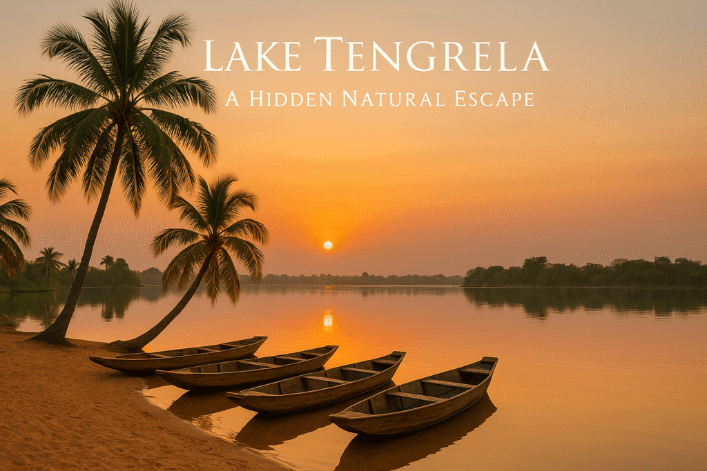 “Lake Tengrela beach in Burkina Faso with boats and sunrise”