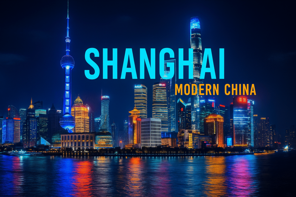 Shanghai skyline at night with bright lights and the Oriental Pearl Tower.