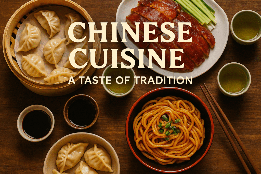 Traditional Chinese dishes including dumplings, Peking duck, noodles, and tea.